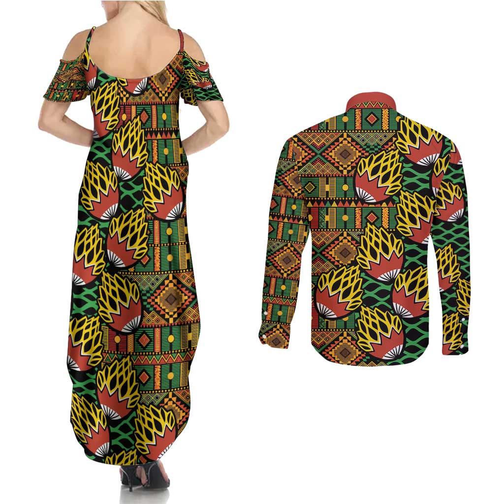 African Tribal Geometric Mixed Kanga Pattern Couples Matching Summer Maxi Dress and Long Sleeve Button Shirt