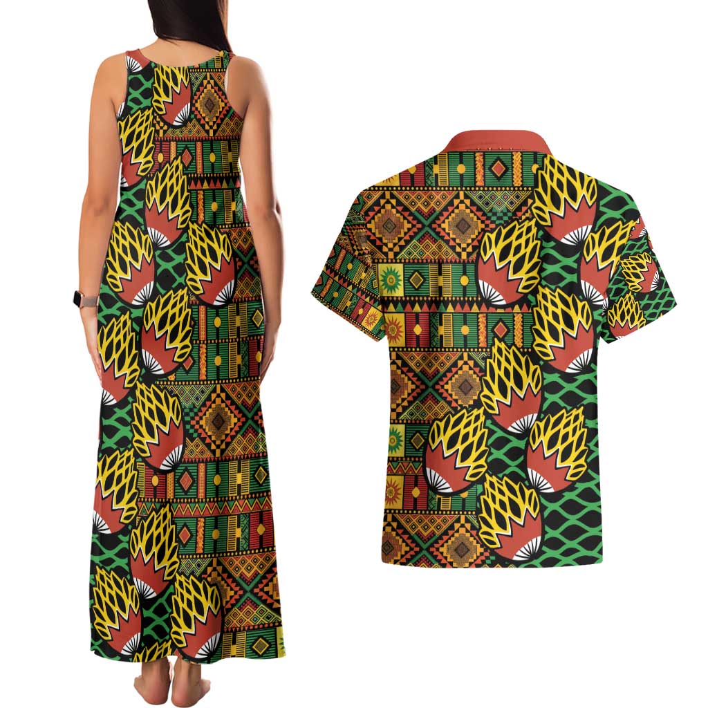 African Tribal Geometric Mixed Kanga Pattern Couples Matching Tank Maxi Dress and Hawaiian Shirt
