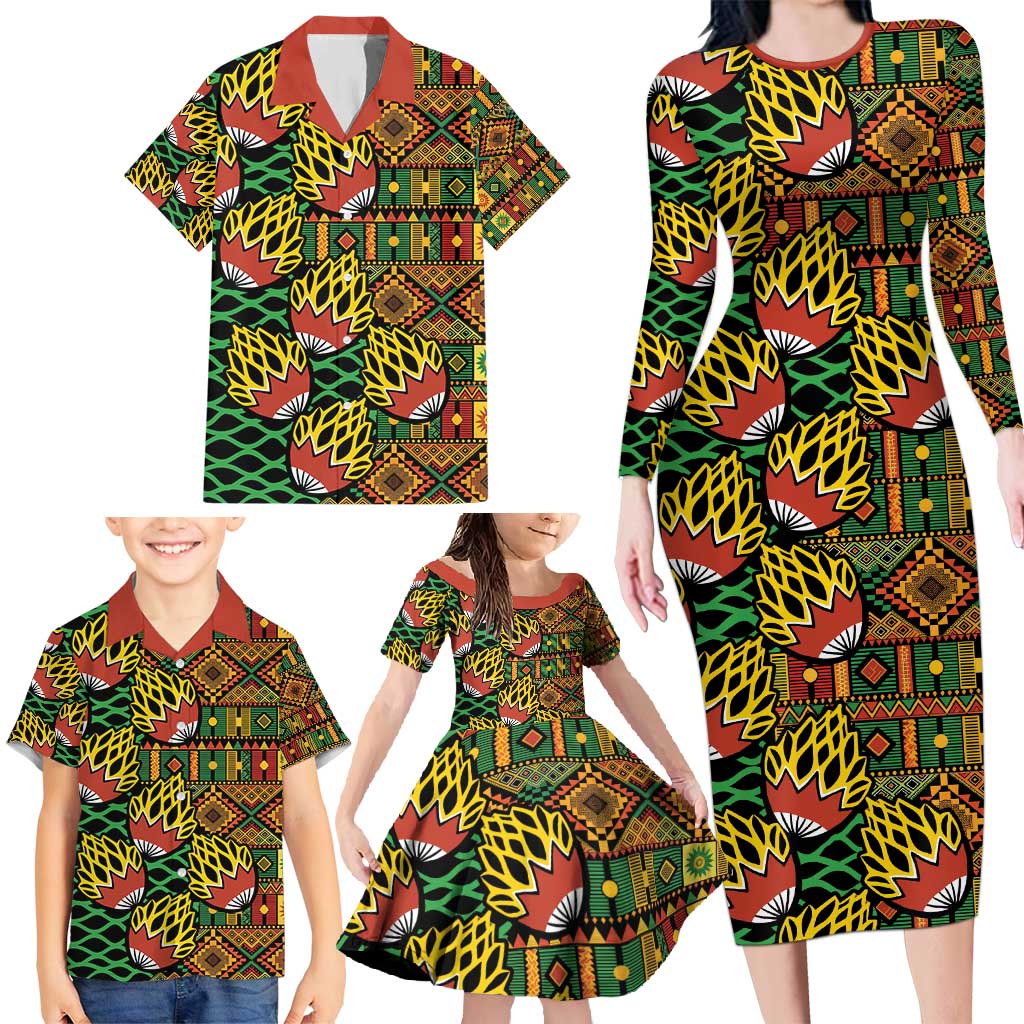 African Tribal Geometric Mixed Kanga Pattern Family Matching Long Sleeve Bodycon Dress and Hawaiian Shirt LT9 - Wonder Print Shop