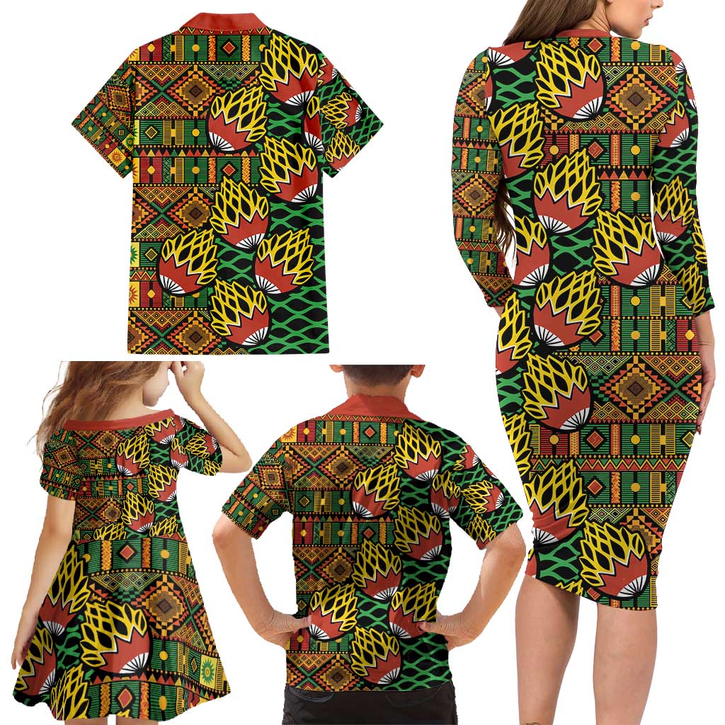 African Tribal Geometric Mixed Kanga Pattern Family Matching Long Sleeve Bodycon Dress and Hawaiian Shirt LT9 - Wonder Print Shop