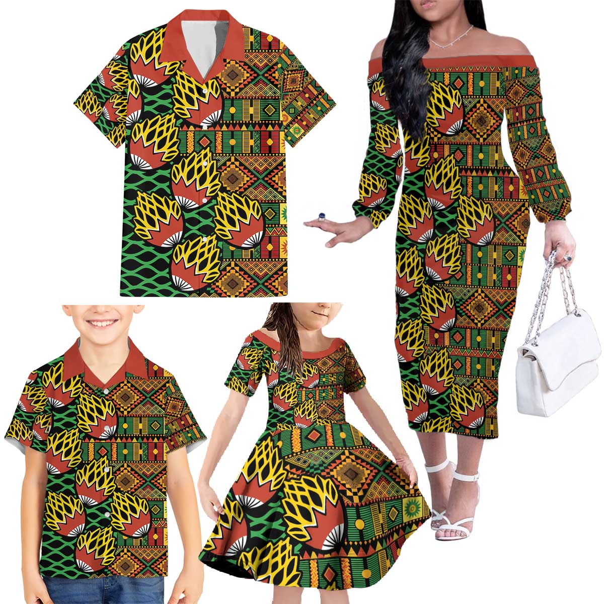 African Tribal Geometric Mixed Kanga Pattern Family Matching Off The Shoulder Long Sleeve Dress and Hawaiian Shirt