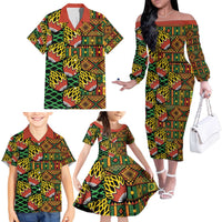 African Tribal Geometric Mixed Kanga Pattern Family Matching Off The Shoulder Long Sleeve Dress and Hawaiian Shirt