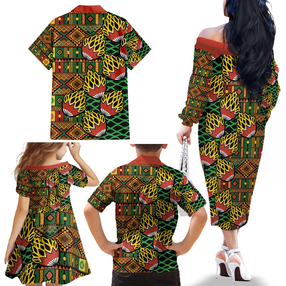 African Tribal Geometric Mixed Kanga Pattern Family Matching Off The Shoulder Long Sleeve Dress and Hawaiian Shirt