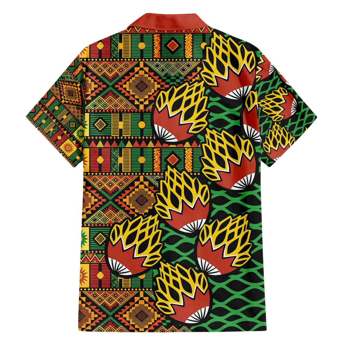African Tribal Geometric Mixed Kanga Pattern Family Matching Off The Shoulder Long Sleeve Dress and Hawaiian Shirt