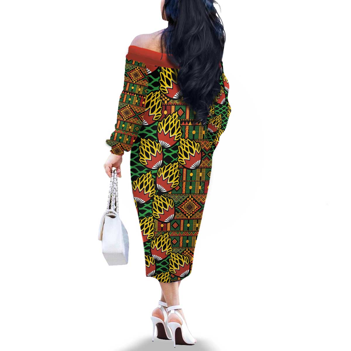 African Tribal Geometric Mixed Kanga Pattern Family Matching Off The Shoulder Long Sleeve Dress and Hawaiian Shirt