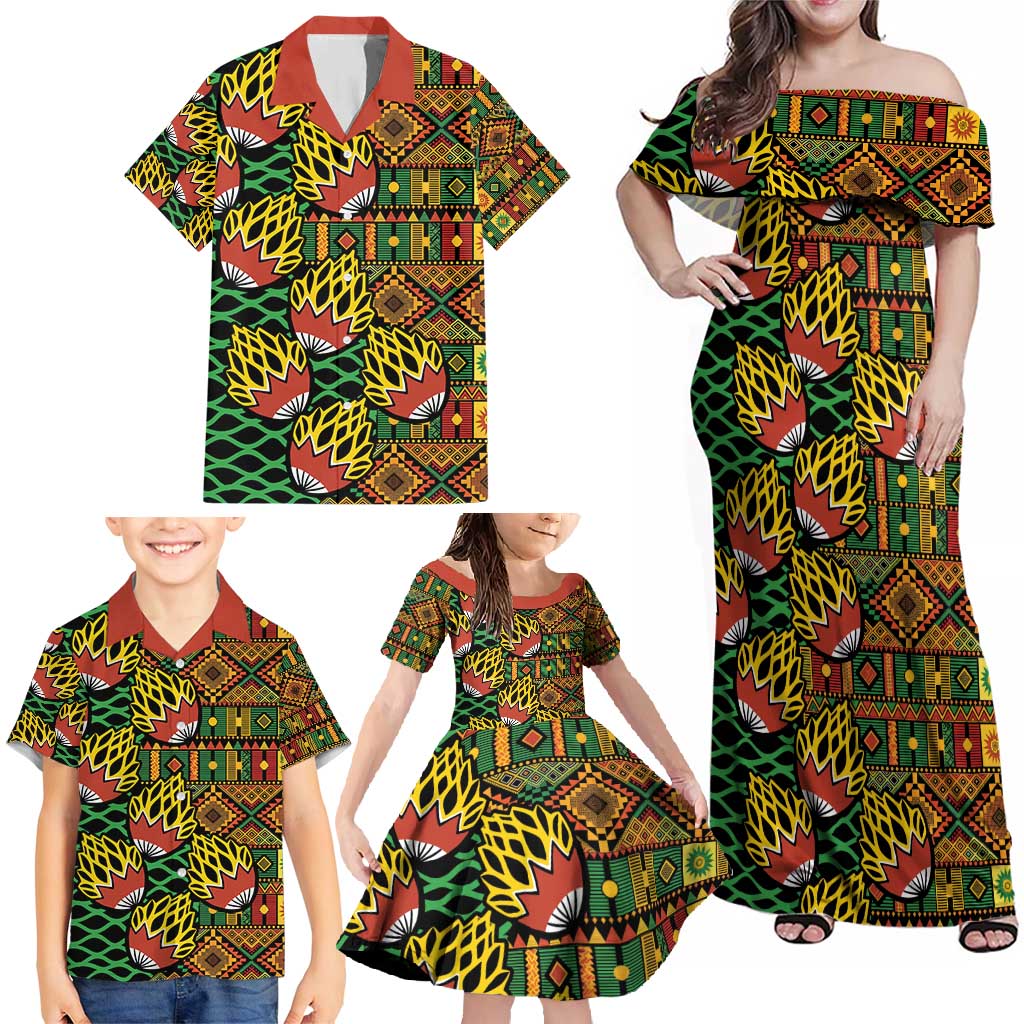 African Tribal Geometric Mixed Kanga Pattern Family Matching Off Shoulder Maxi Dress and Hawaiian Shirt LT9 - Wonder Print Shop