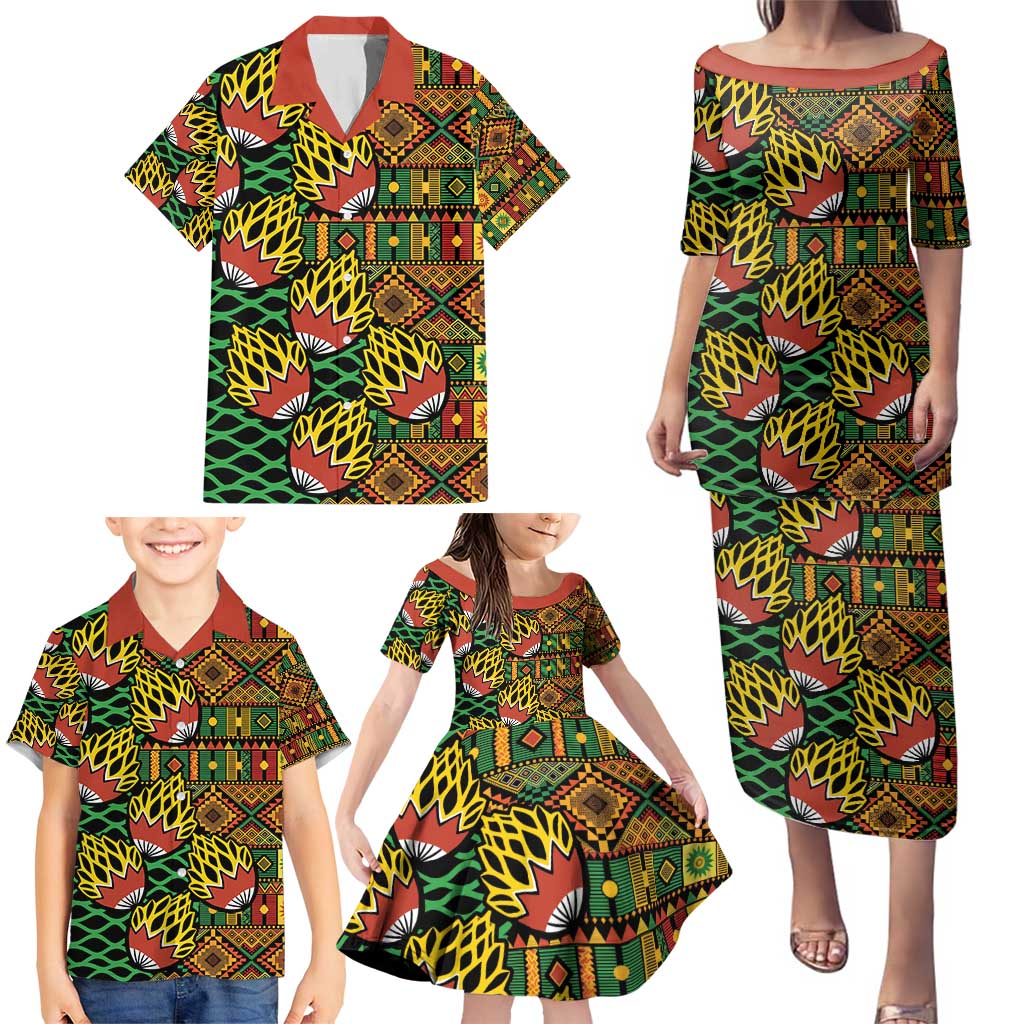African Tribal Geometric Mixed Kanga Pattern Family Matching Puletasi and Hawaiian Shirt