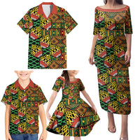 African Tribal Geometric Mixed Kanga Pattern Family Matching Puletasi and Hawaiian Shirt