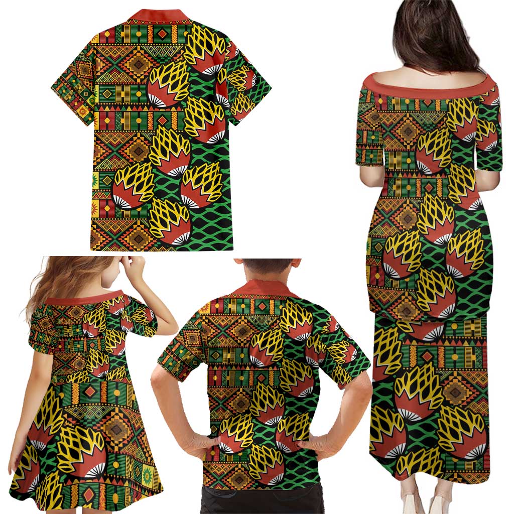 African Tribal Geometric Mixed Kanga Pattern Family Matching Puletasi and Hawaiian Shirt