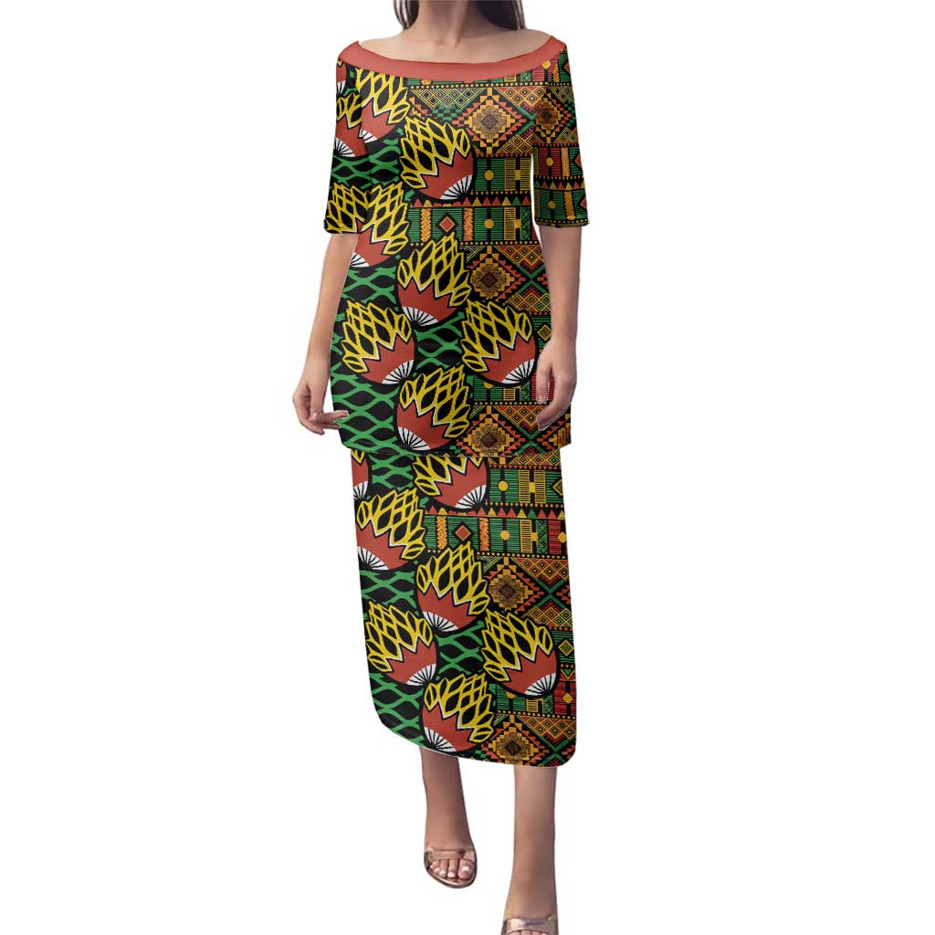 African Tribal Geometric Mixed Kanga Pattern Family Matching Puletasi and Hawaiian Shirt