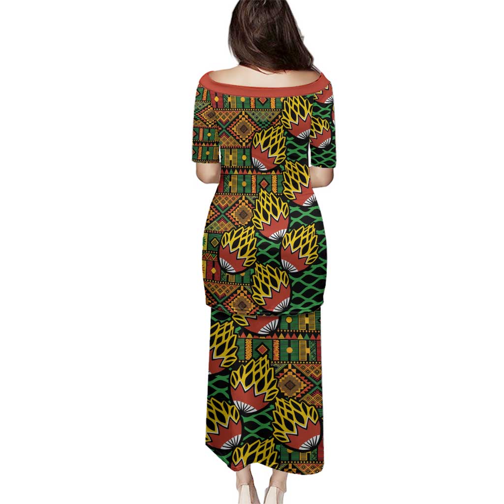 African Tribal Geometric Mixed Kanga Pattern Family Matching Puletasi and Hawaiian Shirt