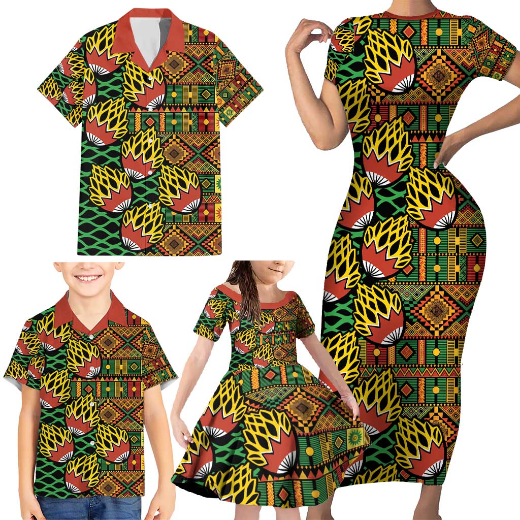 African Tribal Geometric Mixed Kanga Pattern Family Matching Short Sleeve Bodycon Dress and Hawaiian Shirt - Wonder Print Shop
