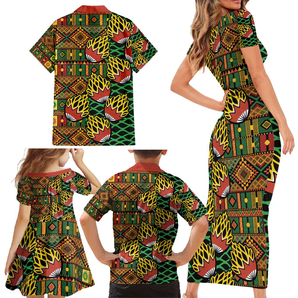 African Tribal Geometric Mixed Kanga Pattern Family Matching Short Sleeve Bodycon Dress and Hawaiian Shirt - Wonder Print Shop