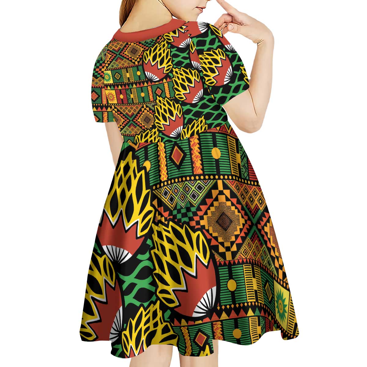 African Tribal Geometric Mixed Kanga Pattern Kid Short Sleeve Dress - Wonder Print Shop