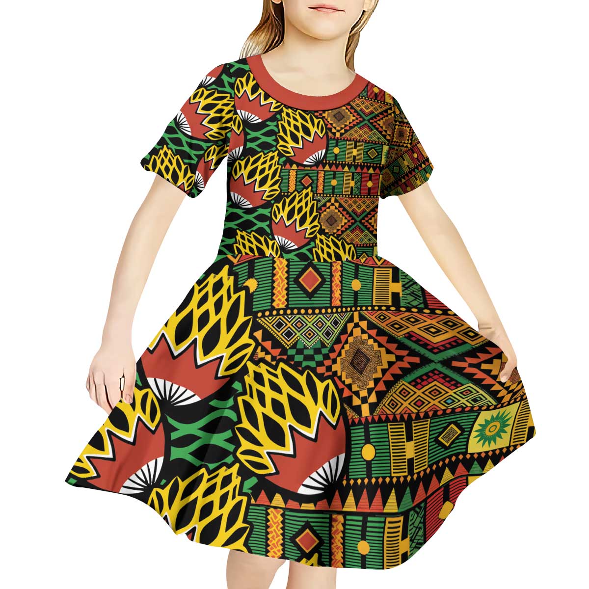 African Tribal Geometric Mixed Kanga Pattern Kid Short Sleeve Dress - Wonder Print Shop
