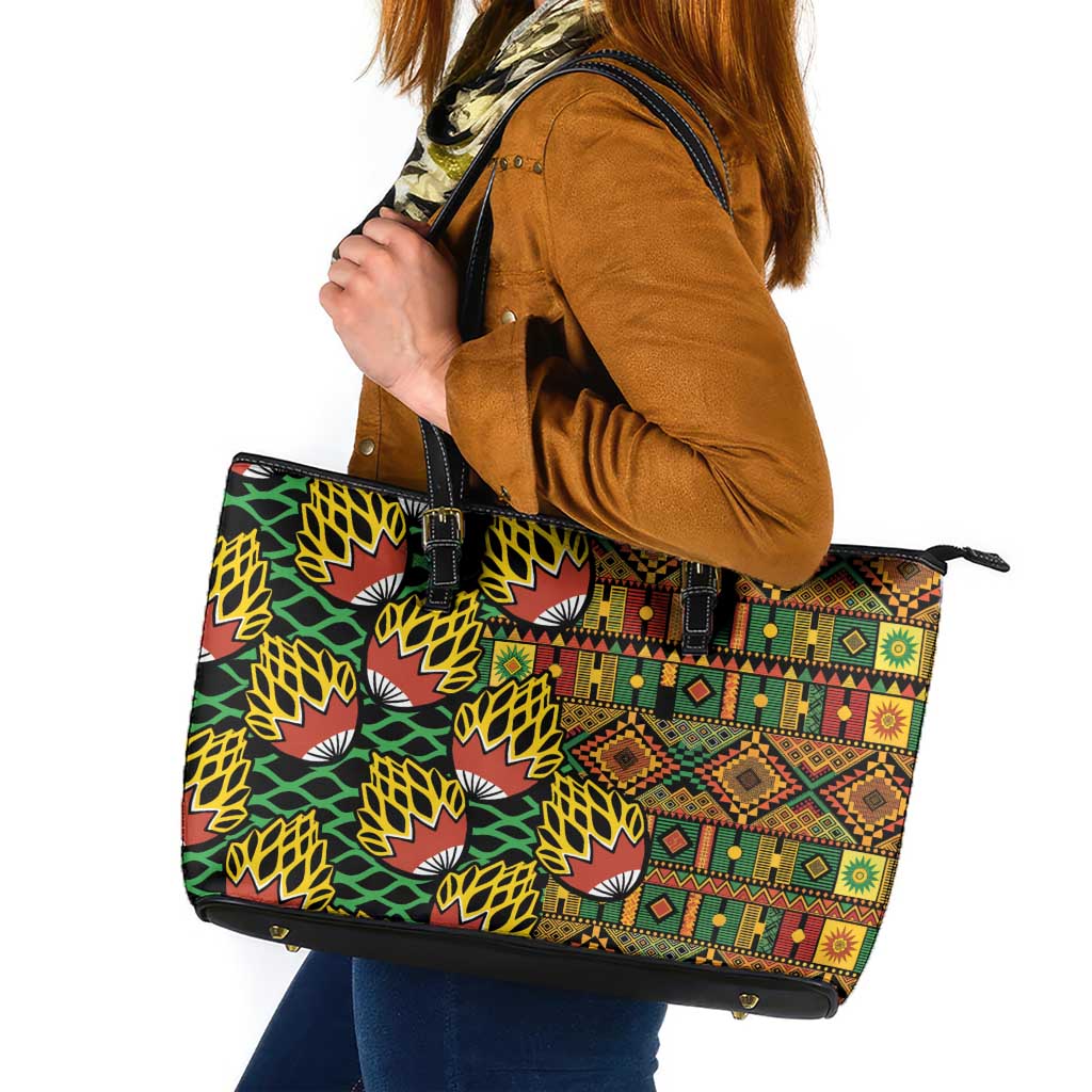African Tribal Geometric Mixed Kanga Pattern Leather Tote Bag