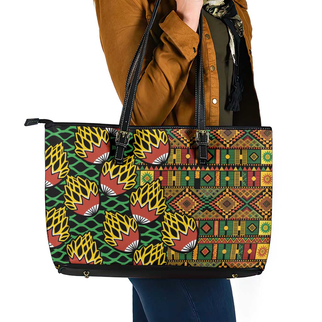 African Tribal Geometric Mixed Kanga Pattern Leather Tote Bag