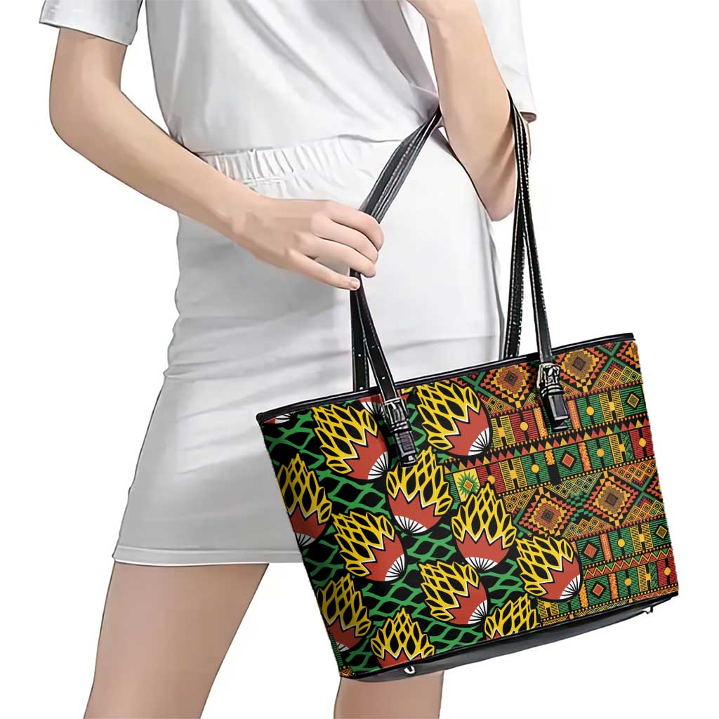 African Tribal Geometric Mixed Kanga Pattern Leather Tote Bag