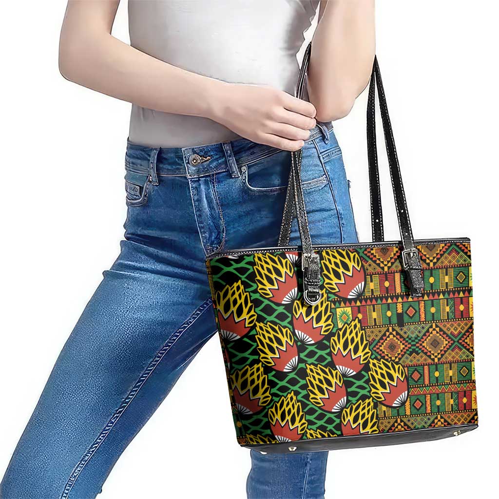 African Tribal Geometric Mixed Kanga Pattern Leather Tote Bag