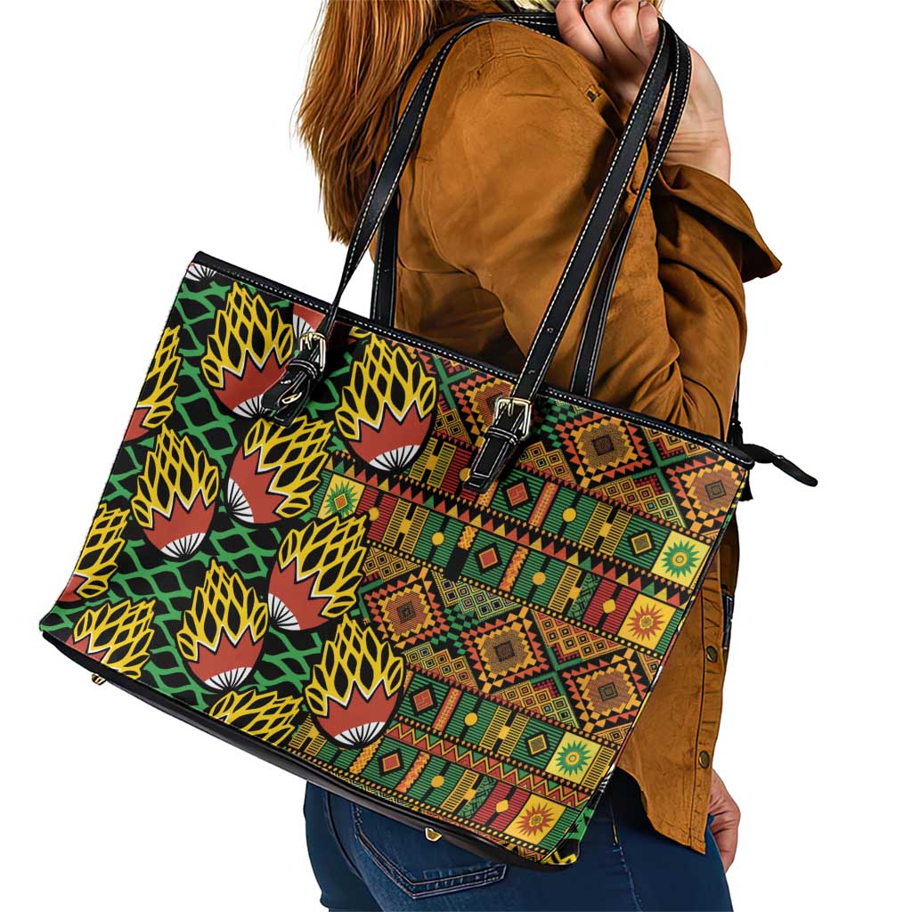 African Tribal Geometric Mixed Kanga Pattern Leather Tote Bag