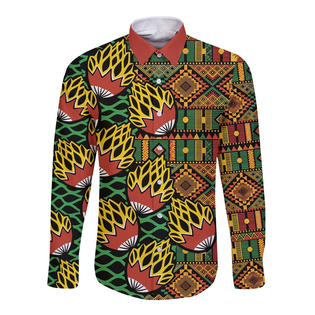 African Tribal Geometric Mixed Kanga Pattern Long Sleeve Button Shirt