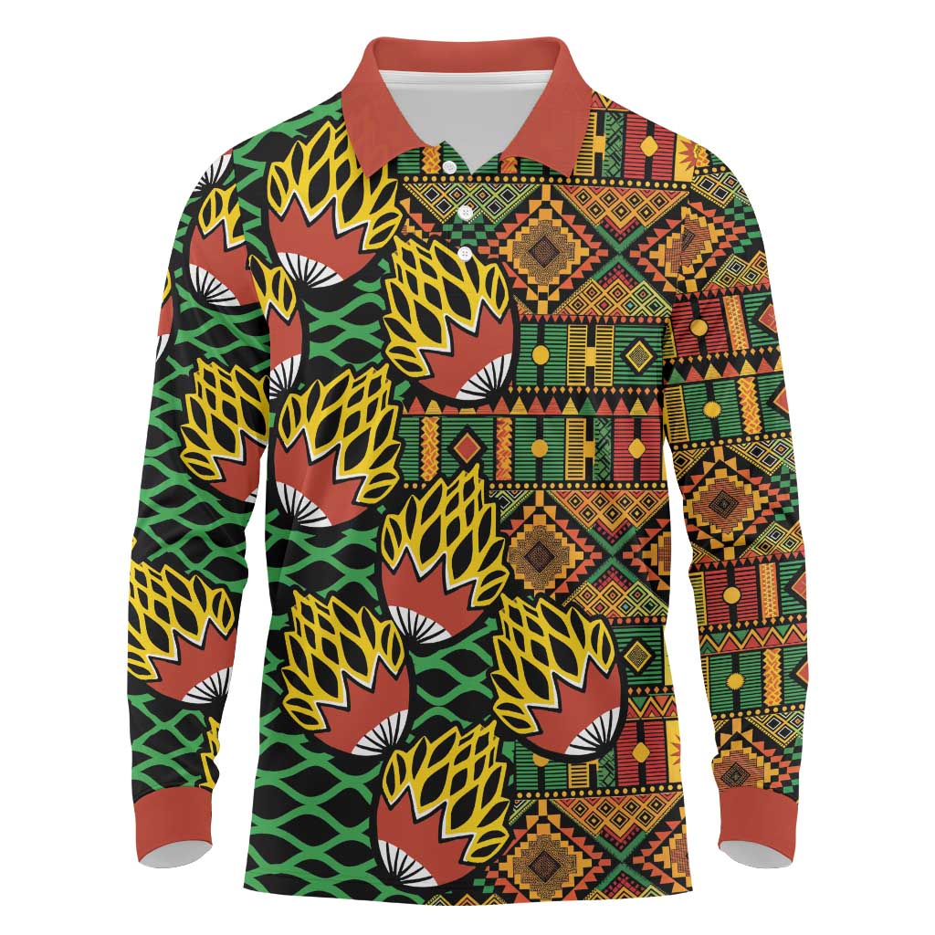 African Tribal Geometric Mixed Kanga Pattern Long Sleeve Polo Shirt - Wonder Print Shop