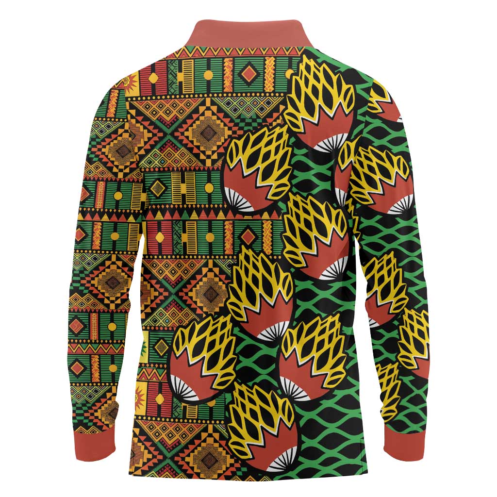 African Tribal Geometric Mixed Kanga Pattern Long Sleeve Polo Shirt - Wonder Print Shop