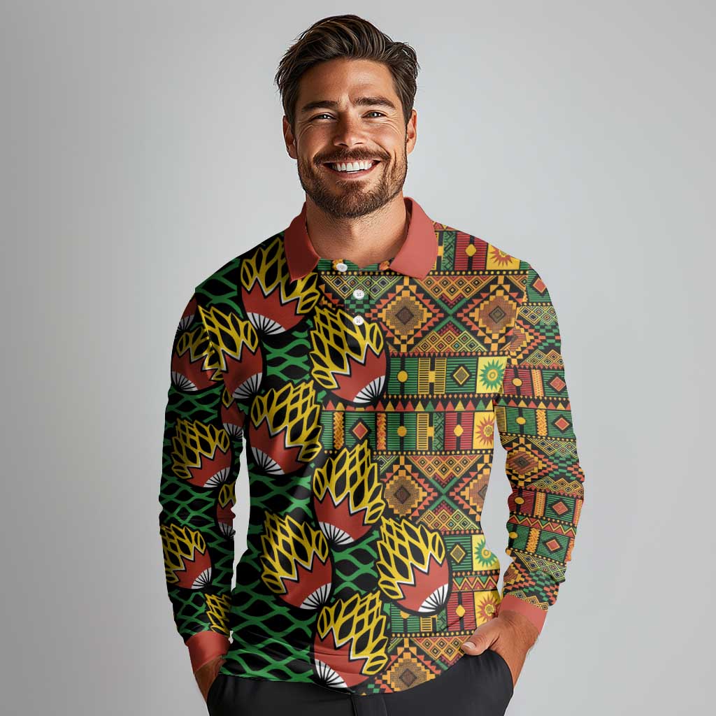 African Tribal Geometric Mixed Kanga Pattern Long Sleeve Polo Shirt - Wonder Print Shop
