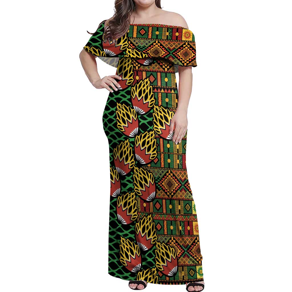 African Tribal Geometric Mixed Kanga Pattern Off Shoulder Maxi Dress - Wonder Print Shop