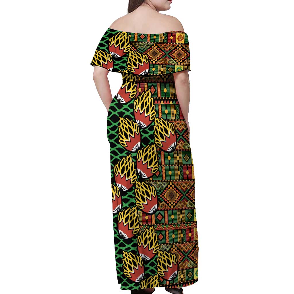 African Tribal Geometric Mixed Kanga Pattern Off Shoulder Maxi Dress - Wonder Print Shop
