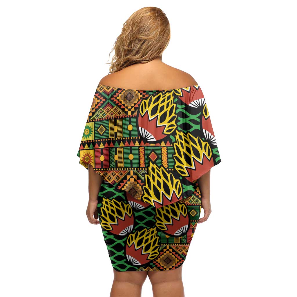 African Tribal Geometric Mixed Kanga Pattern Off Shoulder Short Dress - Wonder Print Shop