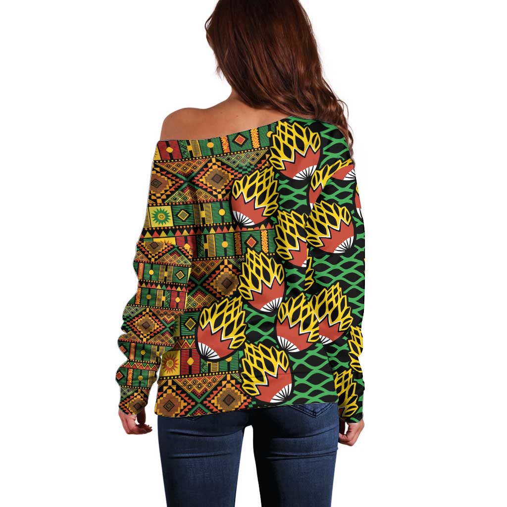 African Tribal Geometric Mixed Kanga Pattern Off Shoulder Sweater - Wonder Print Shop