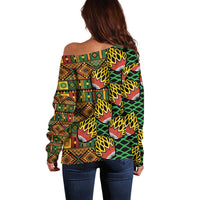 African Tribal Geometric Mixed Kanga Pattern Off Shoulder Sweater - Wonder Print Shop