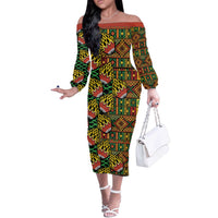 African Tribal Geometric Mixed Kanga Pattern Off The Shoulder Long Sleeve Dress - Wonder Print Shop