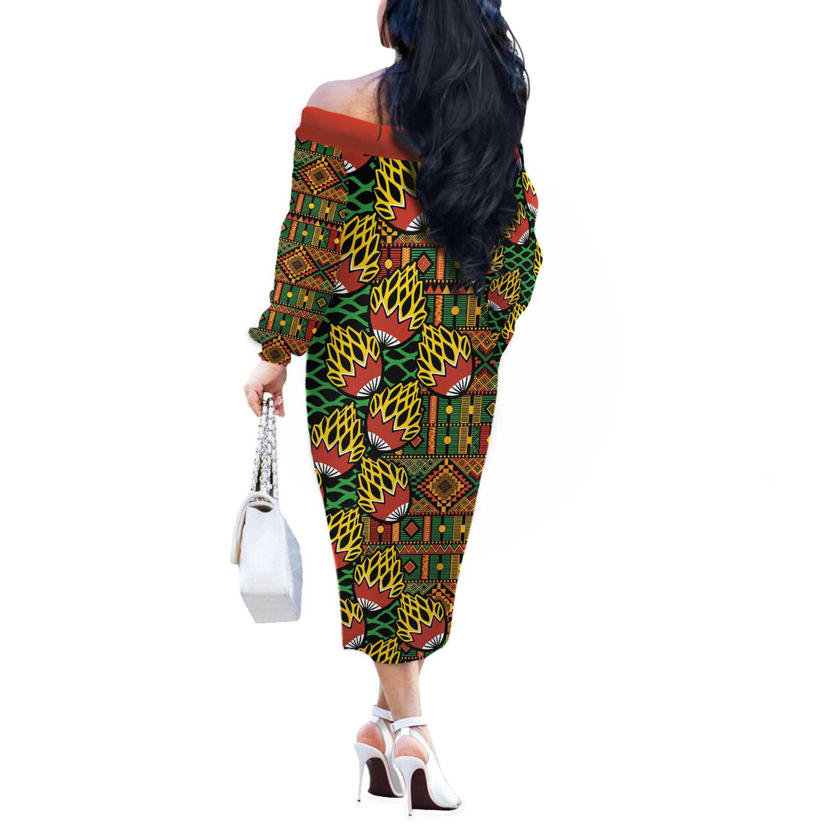 African Tribal Geometric Mixed Kanga Pattern Off The Shoulder Long Sleeve Dress - Wonder Print Shop