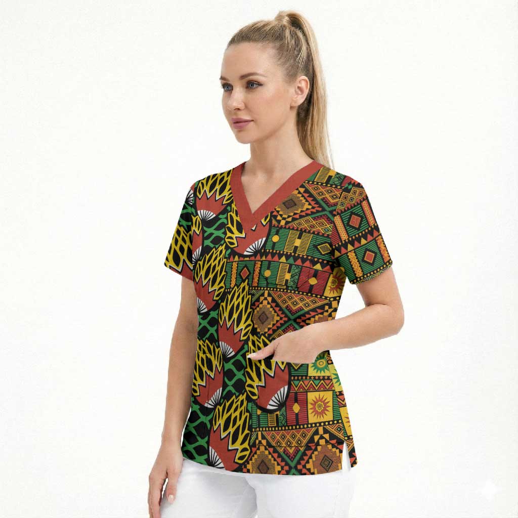 African Tribal Geometric Mixed Kanga Pattern Scrub Top