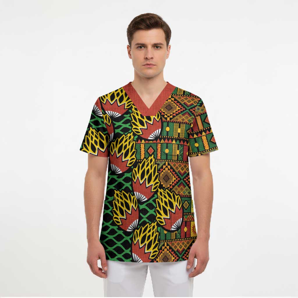 African Tribal Geometric Mixed Kanga Pattern Scrub Top
