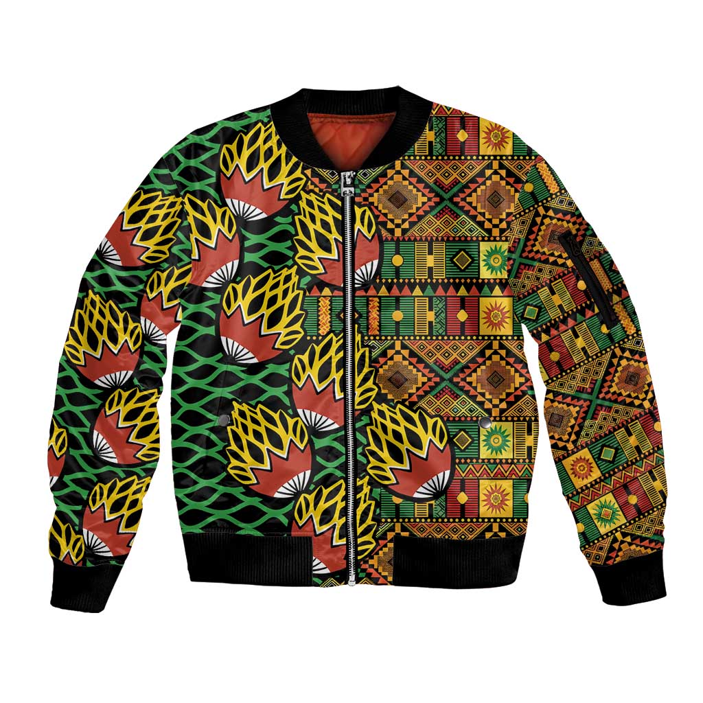 African Tribal Geometric Mixed Kanga Pattern Sleeve Zip Bomber Jacket - Wonder Print Shop