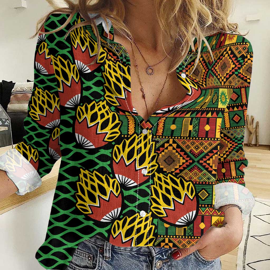 African Tribal Geometric Mixed Kanga Pattern Women Casual Shirt - Wonder Print Shop