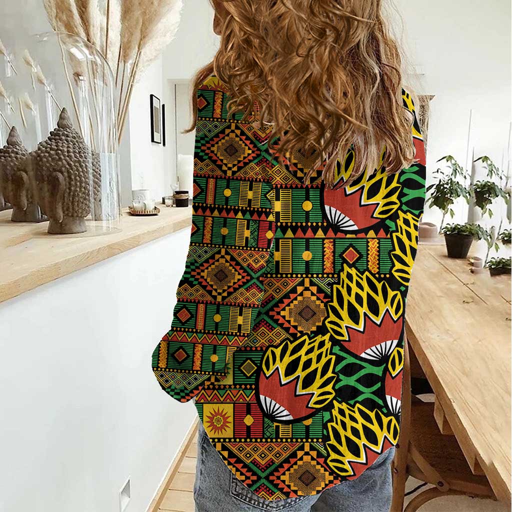 African Tribal Geometric Mixed Kanga Pattern Women Casual Shirt - Wonder Print Shop