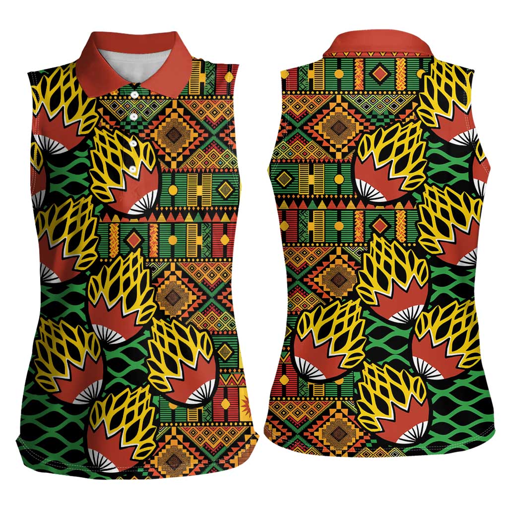 African Tribal Geometric Mixed Kanga Pattern Women Sleeveless Polo Shirt - Wonder Print Shop