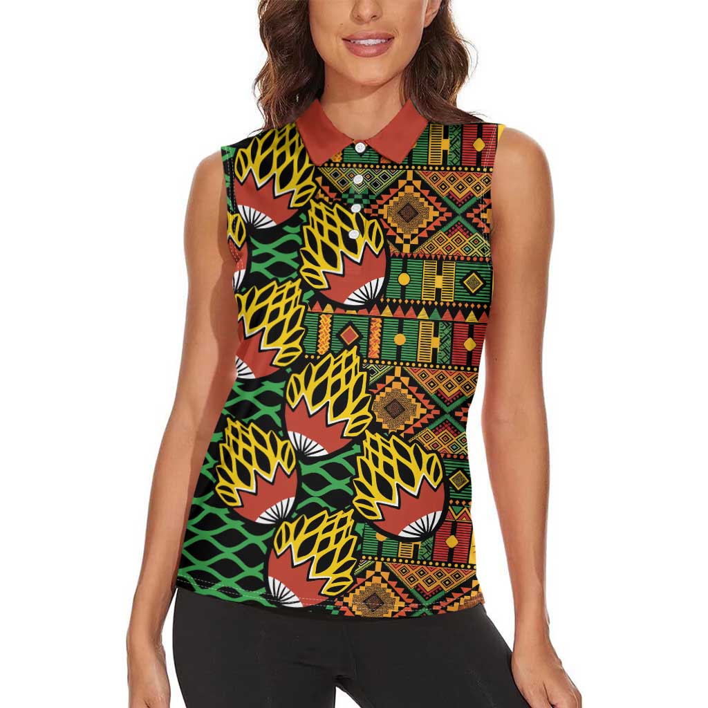 African Tribal Geometric Mixed Kanga Pattern Women Sleeveless Polo Shirt - Wonder Print Shop