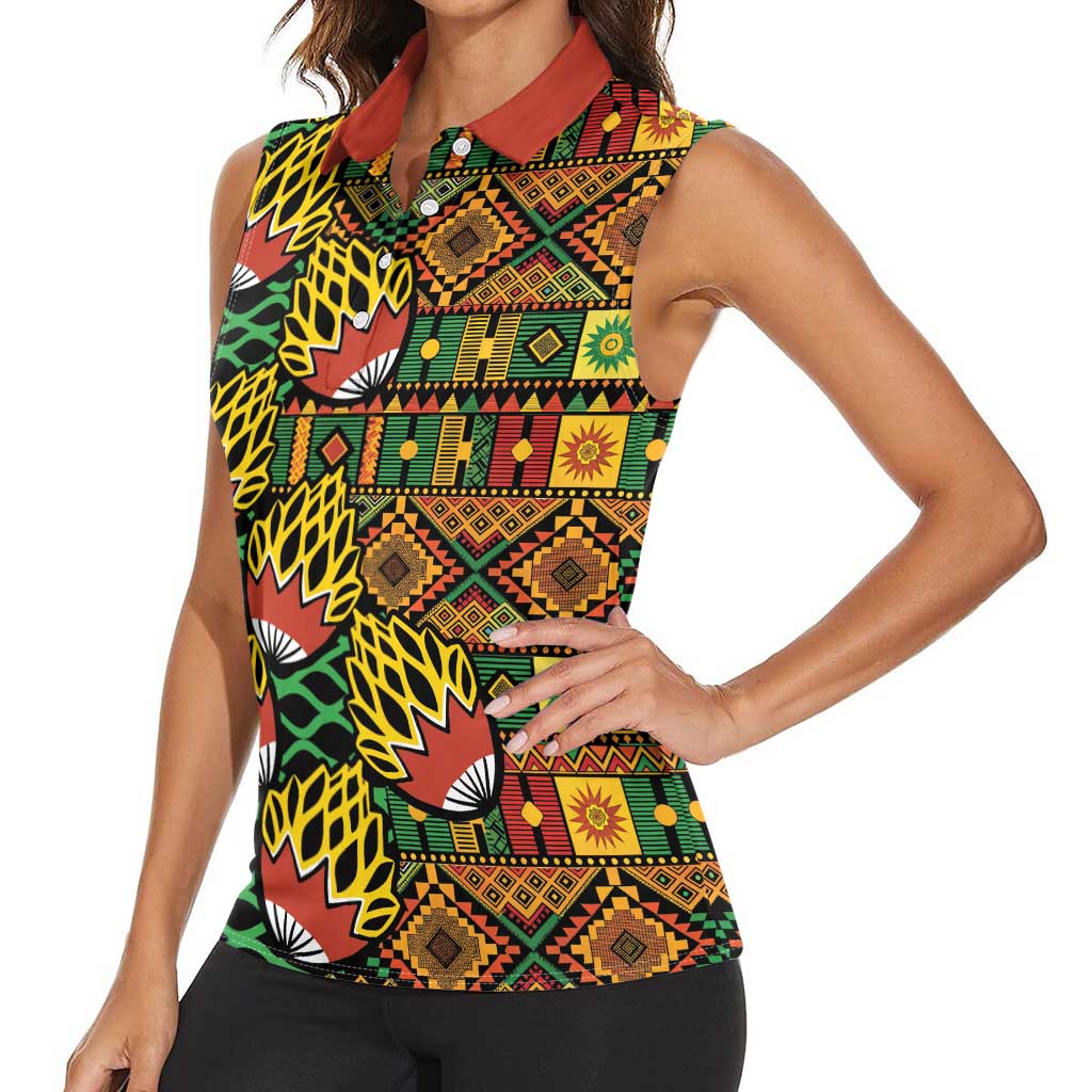 African Tribal Geometric Mixed Kanga Pattern Women Sleeveless Polo Shirt - Wonder Print Shop