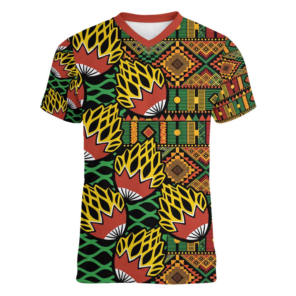 African Tribal Geometric Mixed Kanga Pattern Women V-Neck T-Shirt - Wonder Print Shop