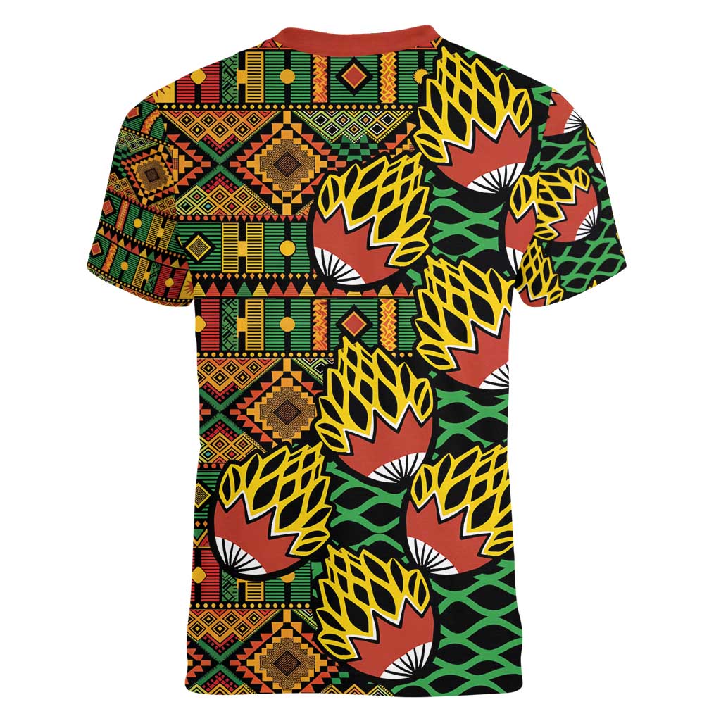 African Tribal Geometric Mixed Kanga Pattern Women V-Neck T-Shirt - Wonder Print Shop
