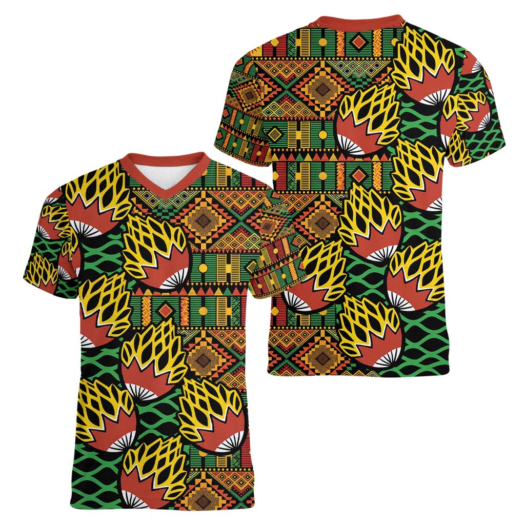 African Tribal Geometric Mixed Kanga Pattern Women V-Neck T-Shirt - Wonder Print Shop