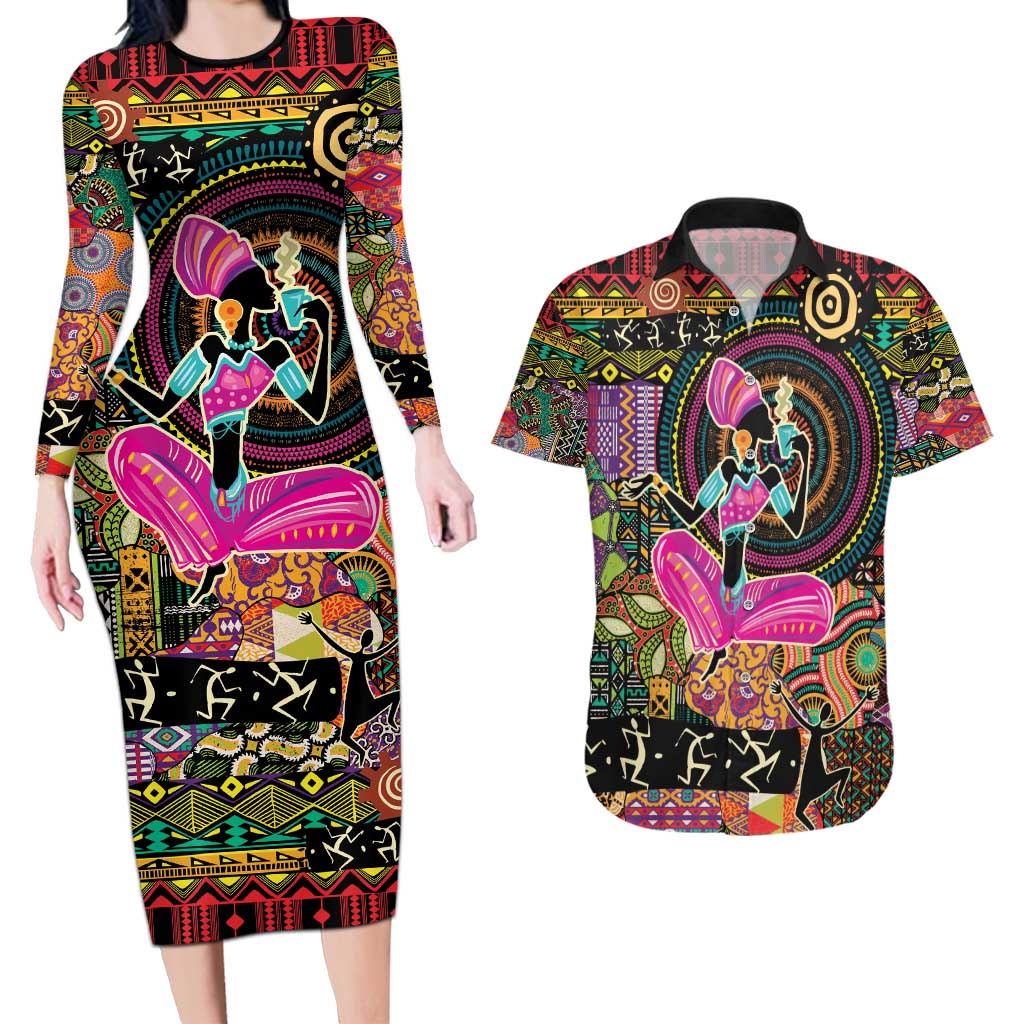 African Women Ethnic Motifs Couples Matching Long Sleeve Bodycon Dress and Hawaiian Shirt