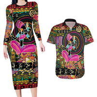 African Women Ethnic Motifs Couples Matching Long Sleeve Bodycon Dress and Hawaiian Shirt
