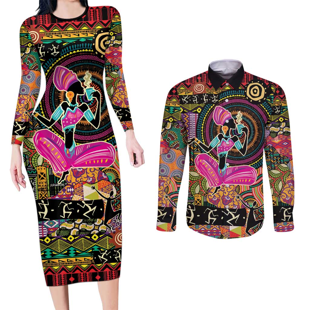 African Women Ethnic Motifs Couples Matching Long Sleeve Bodycon Dress and Long Sleeve Button Shirt