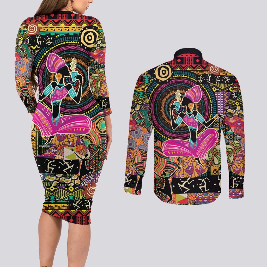 African Women Ethnic Motifs Couples Matching Long Sleeve Bodycon Dress and Long Sleeve Button Shirt